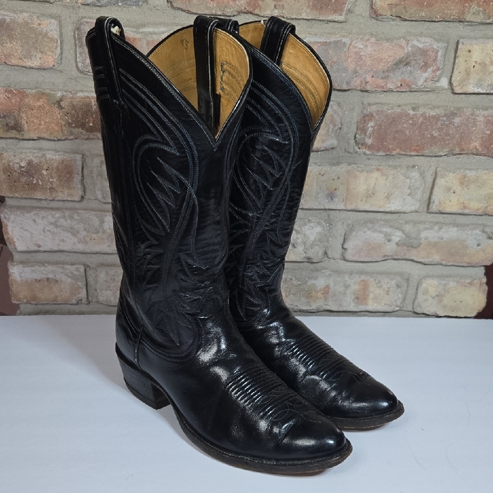 Tony Lama Men's 10D Classic Black Leather Side Stitch Cowboy Boots Western
